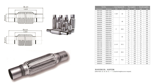 Ss409 45×152mm Id 1.75&quot; Stainless Steel Exhaust Parts Flex Pipe